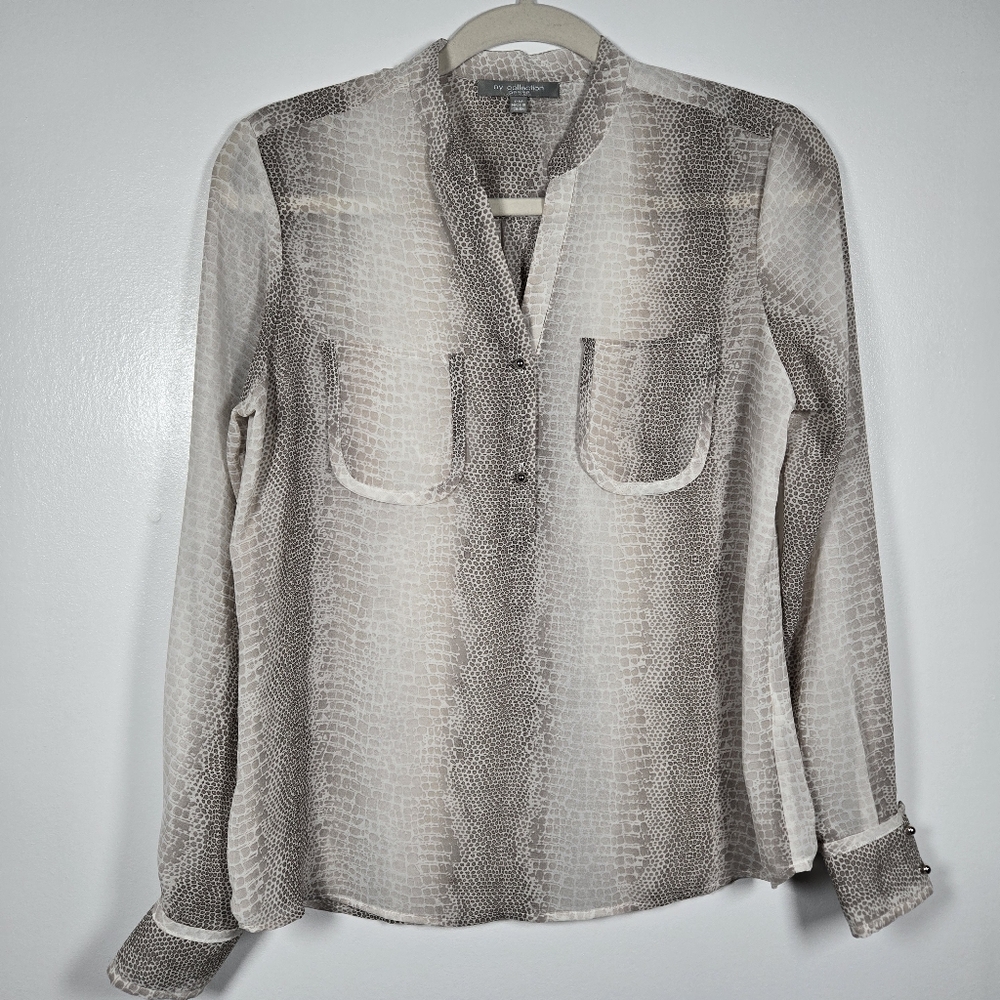 NY Collection Snake Print Semi Sheer Long Sleeve Blouse Top Size Petite Medium